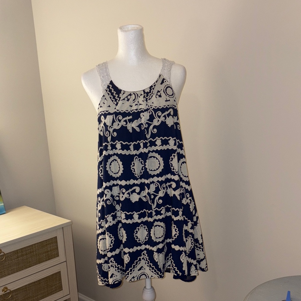 Blu Pepper Navy and Cream Boho Patterned Sleeveless Dress - Picture 2 of 6